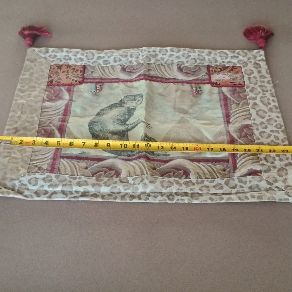 PILLOW SHAMS SET OF TWO WITH MONKEYS AND TASSELS BURGUNDY TAN LEOPARD PRINT